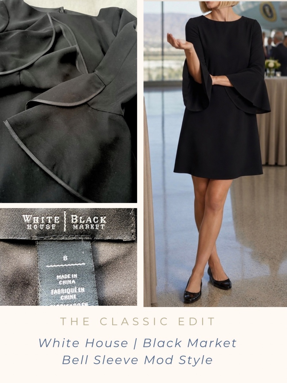 White House Black Market | Bell Sleeve Black Dress | Mod Inspired | Fully Lined